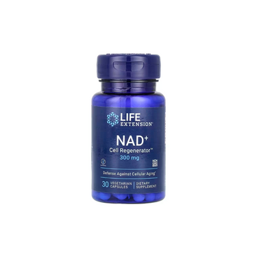 A blue bottle of Life Extension NAD+ Cell Regenerator, 300 mg, 30 vegetarian capsules, designed to support energy production.